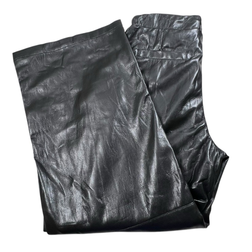 Evereve Womens Medium Black Faux Leather Wide Leg Elastic Waist Pant Seam Detail